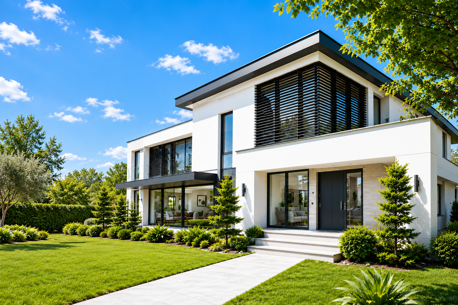 Modern white home with landscaped gardens