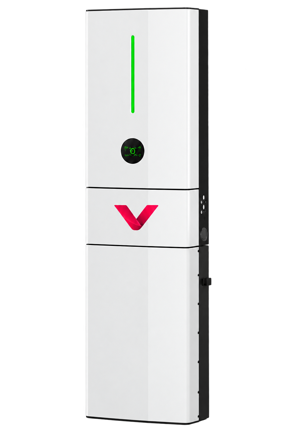 Original tall white Revolt energy storage inverter with green status light and red ribbon icon