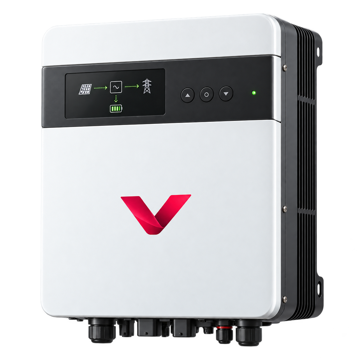 Modern white Revolt hybrid solar inverter with a charcoal control panel and red ribbon logo